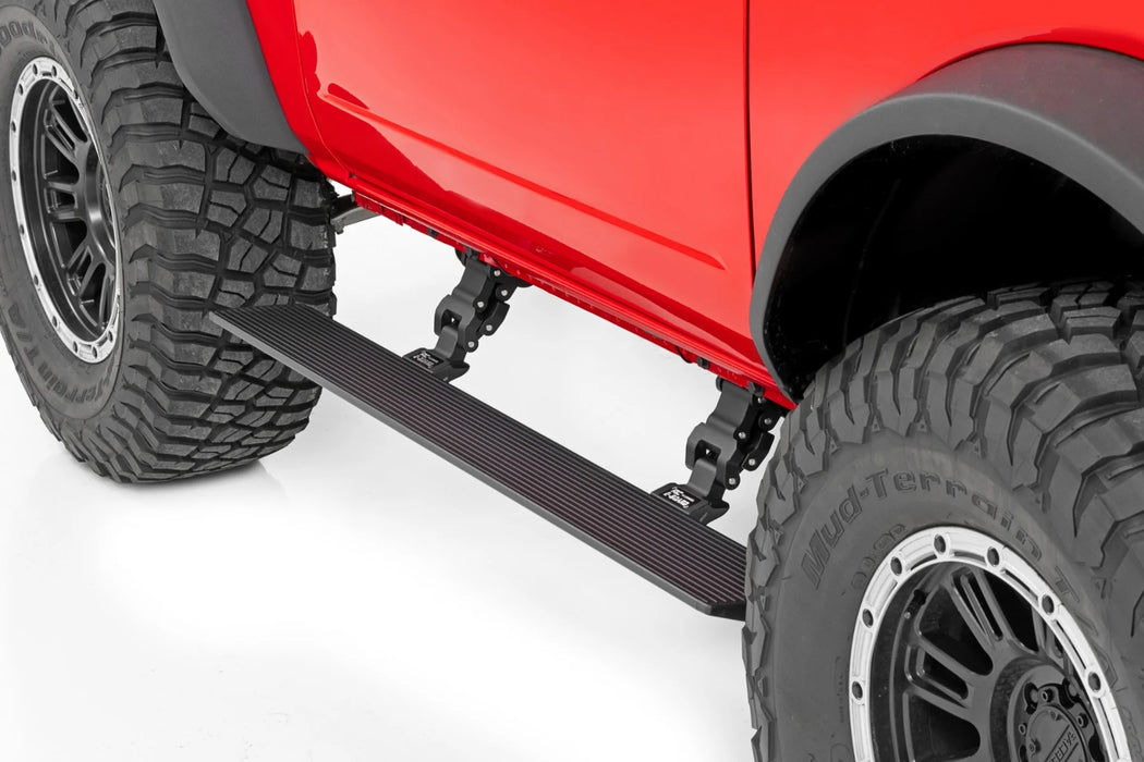 Rough Country Power Running Boards | Dual Electric Motor | Fits 2021–2025 Ford Bronco 2-Door | Retractable Side Steps with LED Lighting