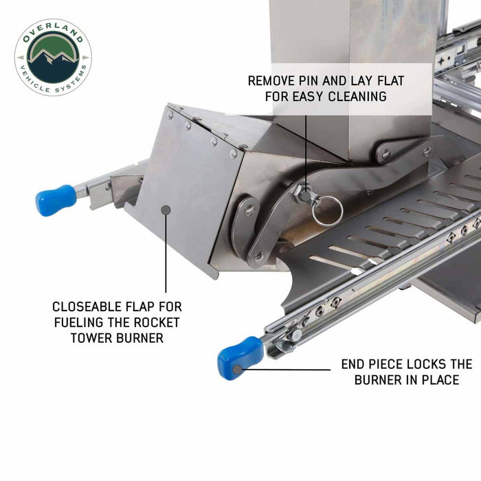 OVS Komodo Camp Kitchen - Dual Grill, Skillet, Folding Shelves, and Rocket Tower - Stainless Steel