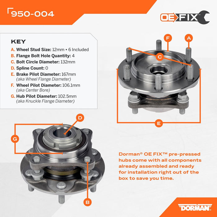 Dorman 950-001 Front Wheel Hub Assembly – Pre-Pressed OE FIX | Fits Toyota 4Runner (2003–2024), FJ Cruiser (2007–2014), Tacoma (2005–2023) – 4WD Only