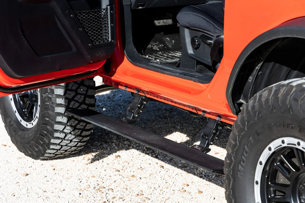 Rough Country Power Running Boards | Dual Electric Motor | Fits 2021–2025 Ford Bronco 2-Door | Retractable Side Steps with LED Lighting